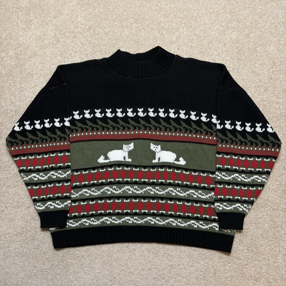 Vtg Private Eyes Cat Sweater Womens Large Black Fair Isle Mock Neck Knit USA 80s